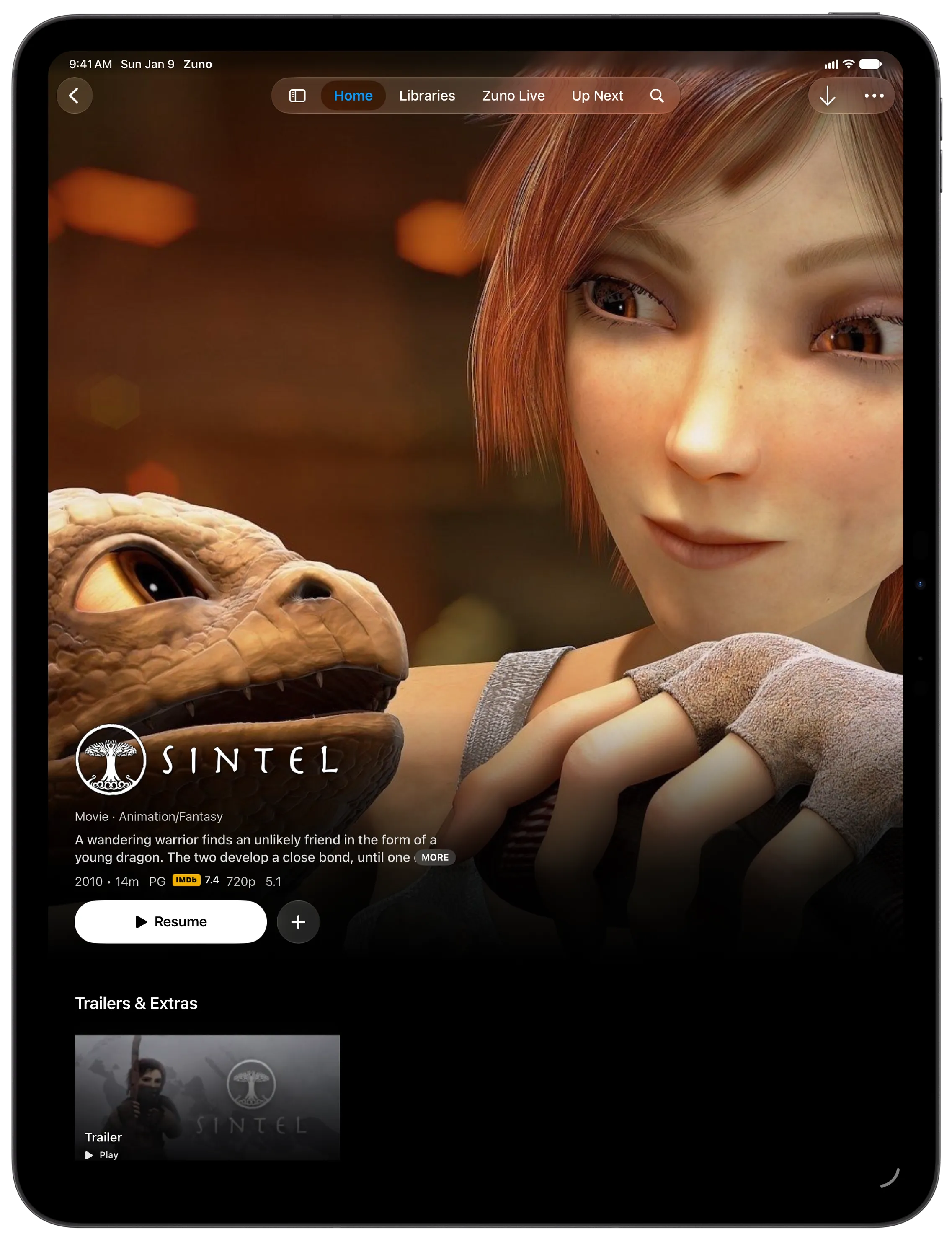 The Sintel detail page in Zuno on iPad.