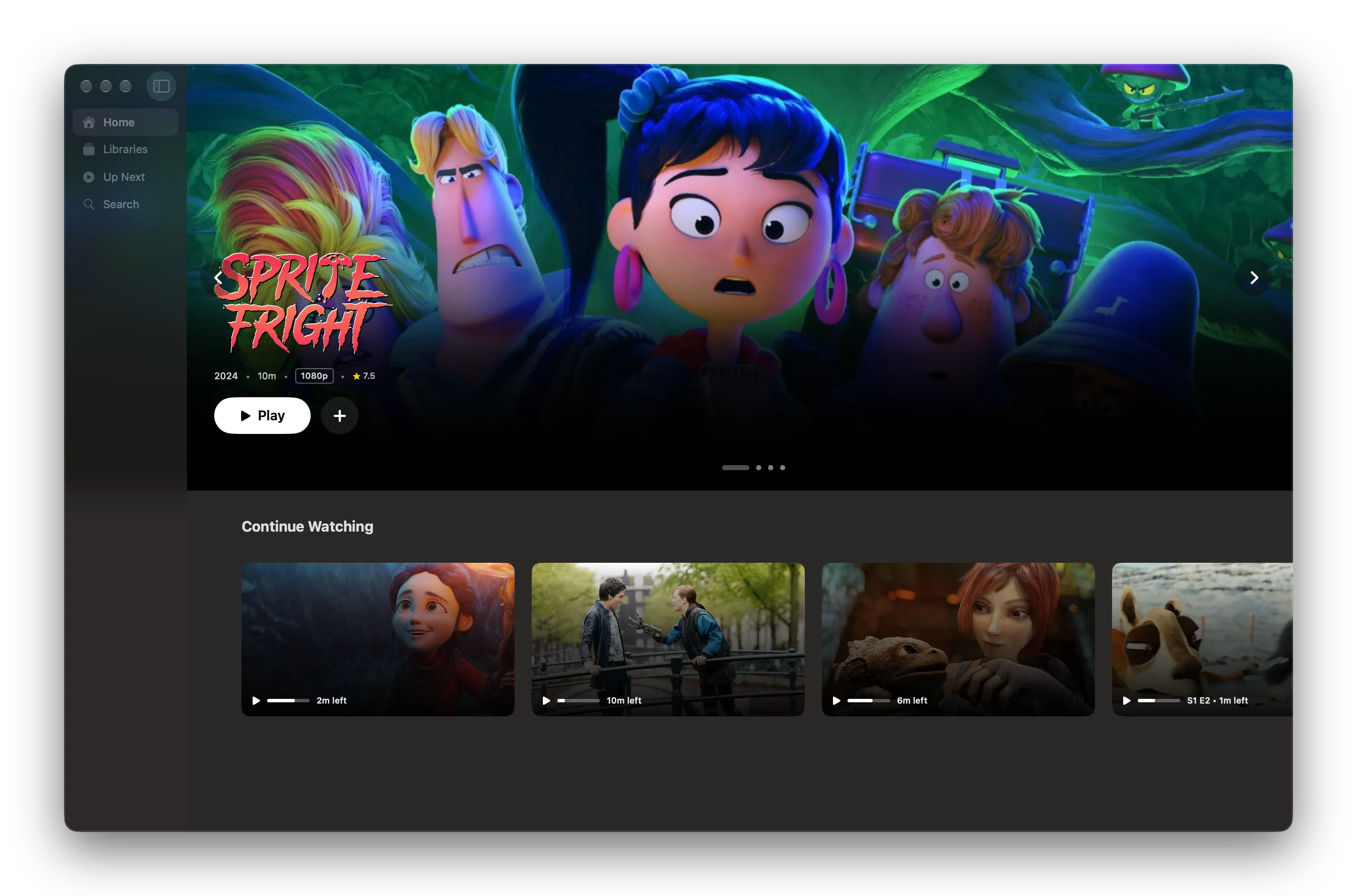 Zuno on Mac, with Sprite Fright on the home screen beside the sidebar.